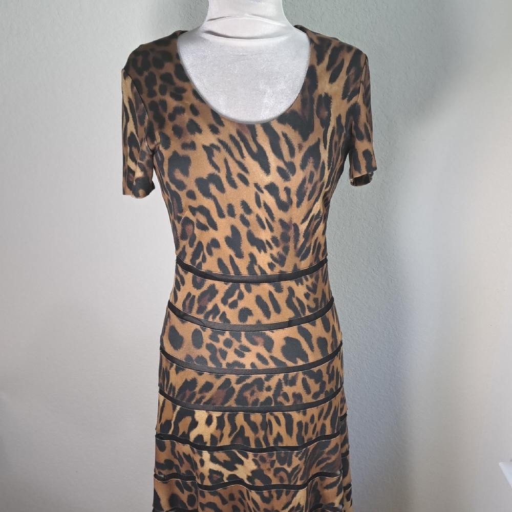 Escada Women’s Vintage Dress Leopard Print Short Sleeve A-line Jersey Knit Small